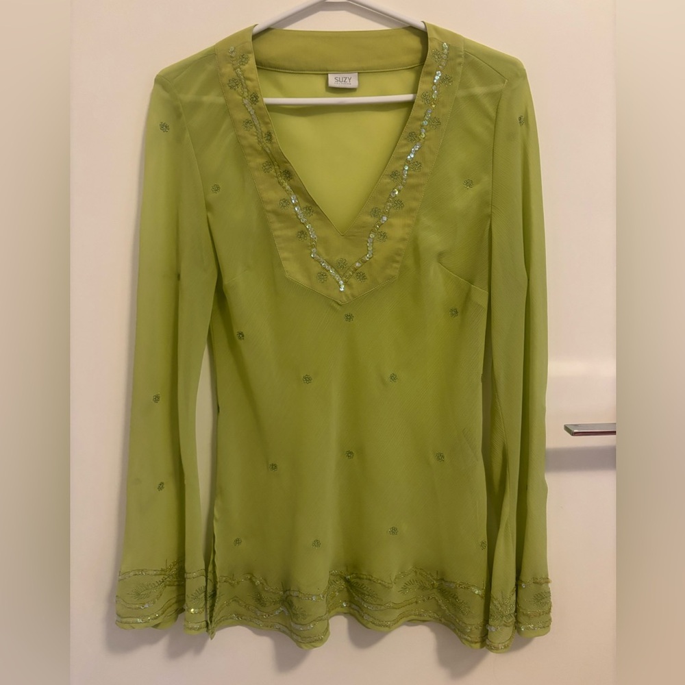 Suzy Shier Y2K  Green Embellished V-Neck Tunic Long Sleeve Top size Small